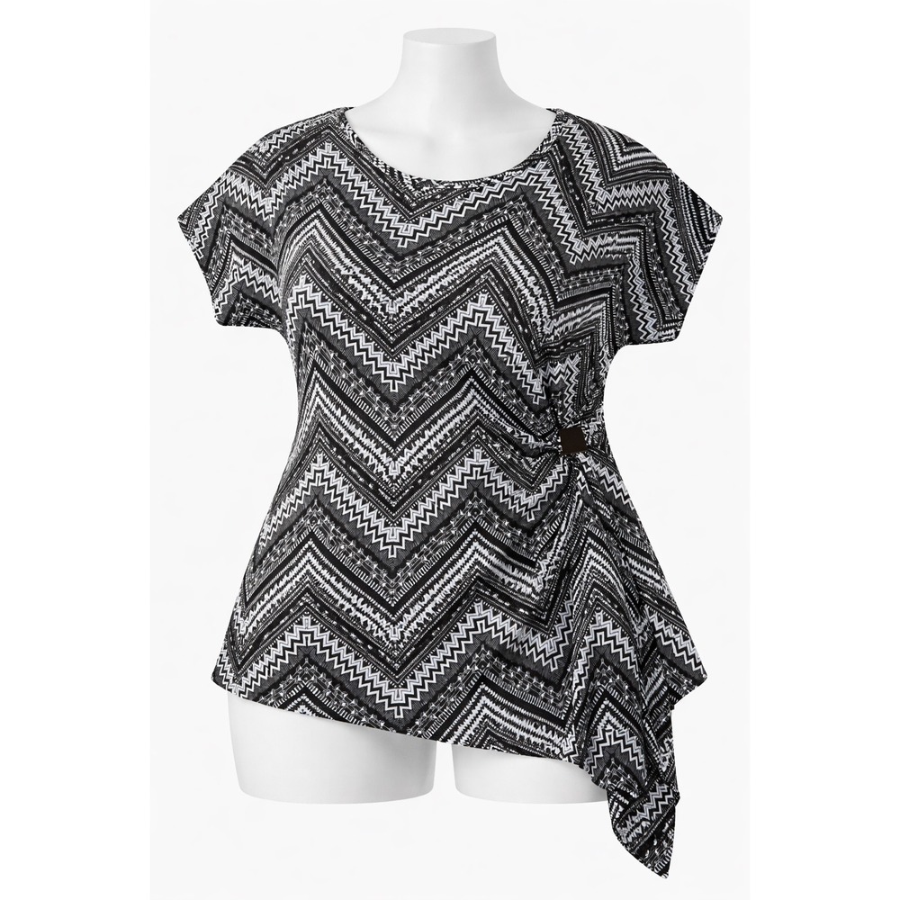 C'est La Vie Blouse Women M Black White Chevron Tribal Print Asymmetrical Tunic